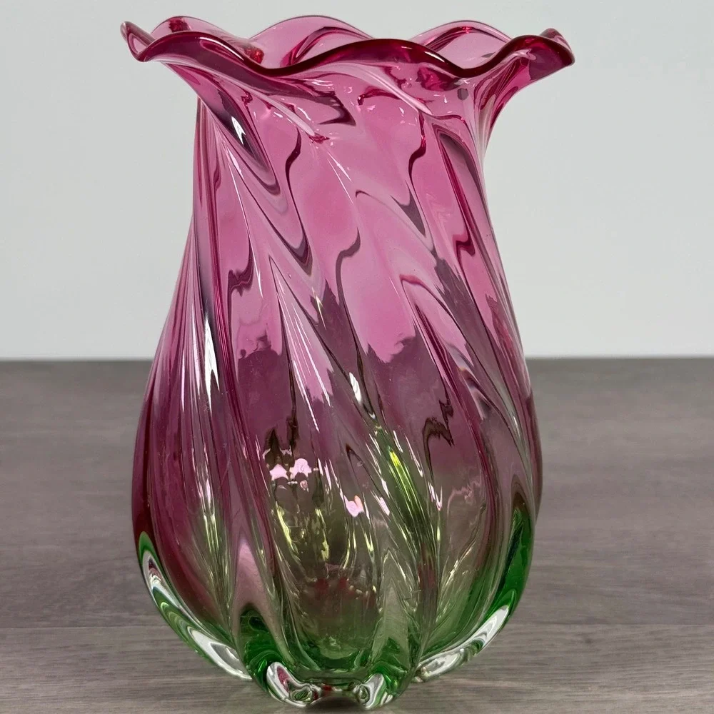 Teleflora Gift Art Glass Vase Swirl Ruffled Pink Green 8 Inch China
